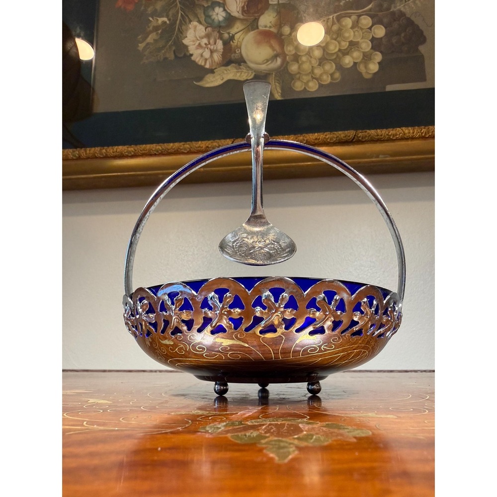 Vintage Cobalt Blue Jam Dish with Silver Plate Holder & Spoon - Picture 4 of 17